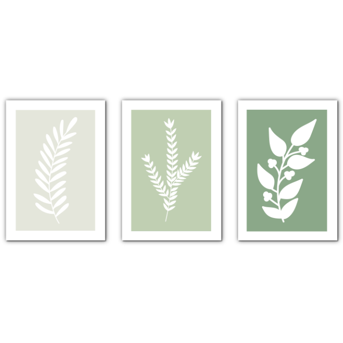 Zestaw plakatów botanicznych w zieleni – minimalistyczne liście