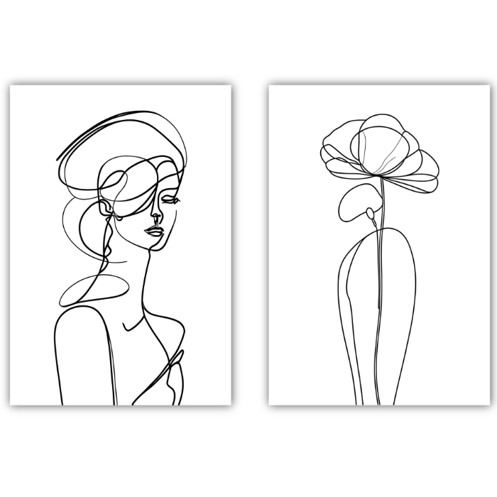 Zestaw plakatów line art – twarz kobiety i kwiat