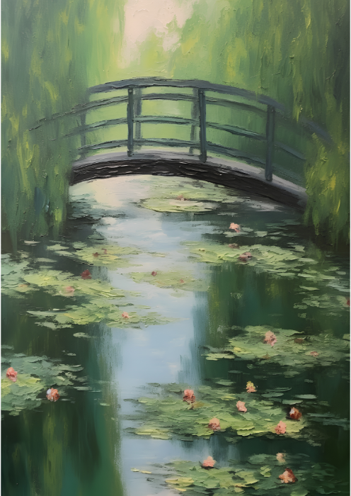 plakat z liliami wodnymi mostek nad stawem artystyczny pejzaż