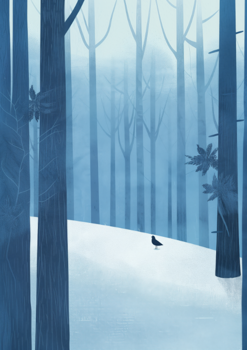 Plakat zimowy las w niebieskich odcieniach – minimalistyczna ilustracja natury z ptakiem