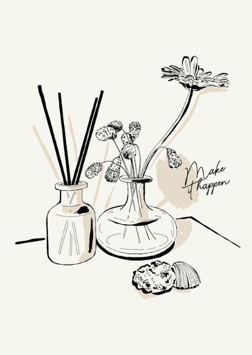 Plakat Make It Happen – minimalistyczna ilustracja kwiatów w wazonach z motywującym hasłem
