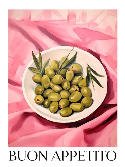 Plakat oliwki na talerzu, napis Buon Appetito