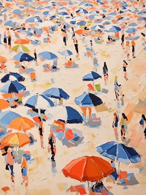 Plakat plaża z parasolami z lotu ptaka