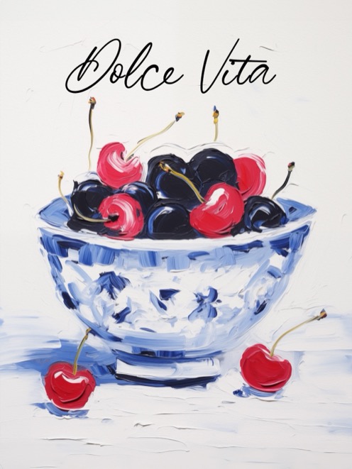 Plakat miska wiśni, napis Dolce Vita